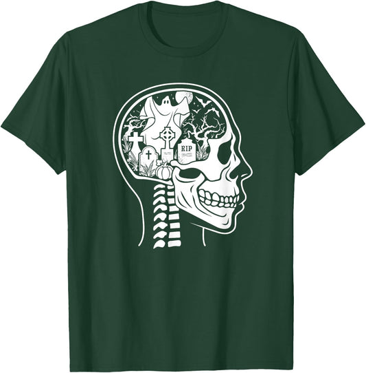 Thinking About Halloween All The Time Ghost Graveyard Skull T-Shirt - T-Shirt | Forest