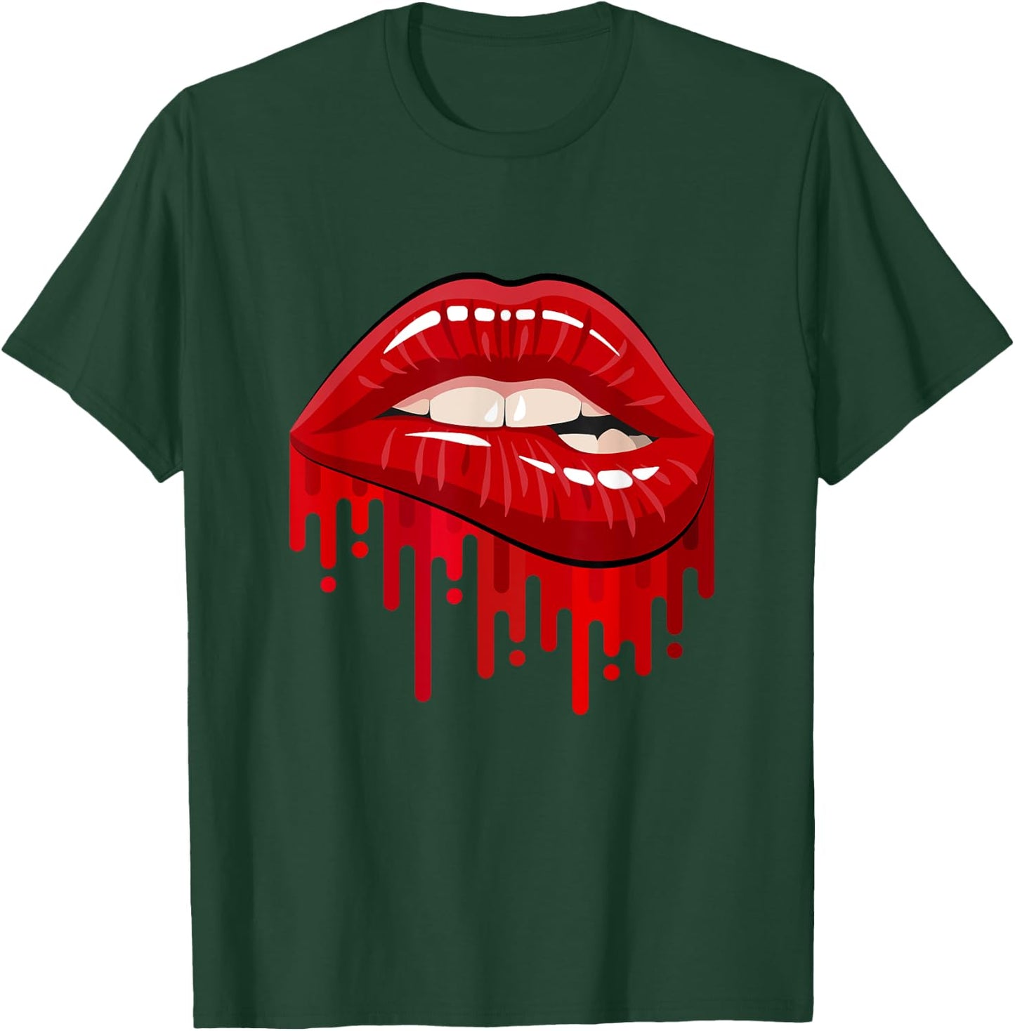 Cool Men's Women's Bold Red Biting Lips Graphic Short Sleeve T-Shirt - T-Shirt | Forest