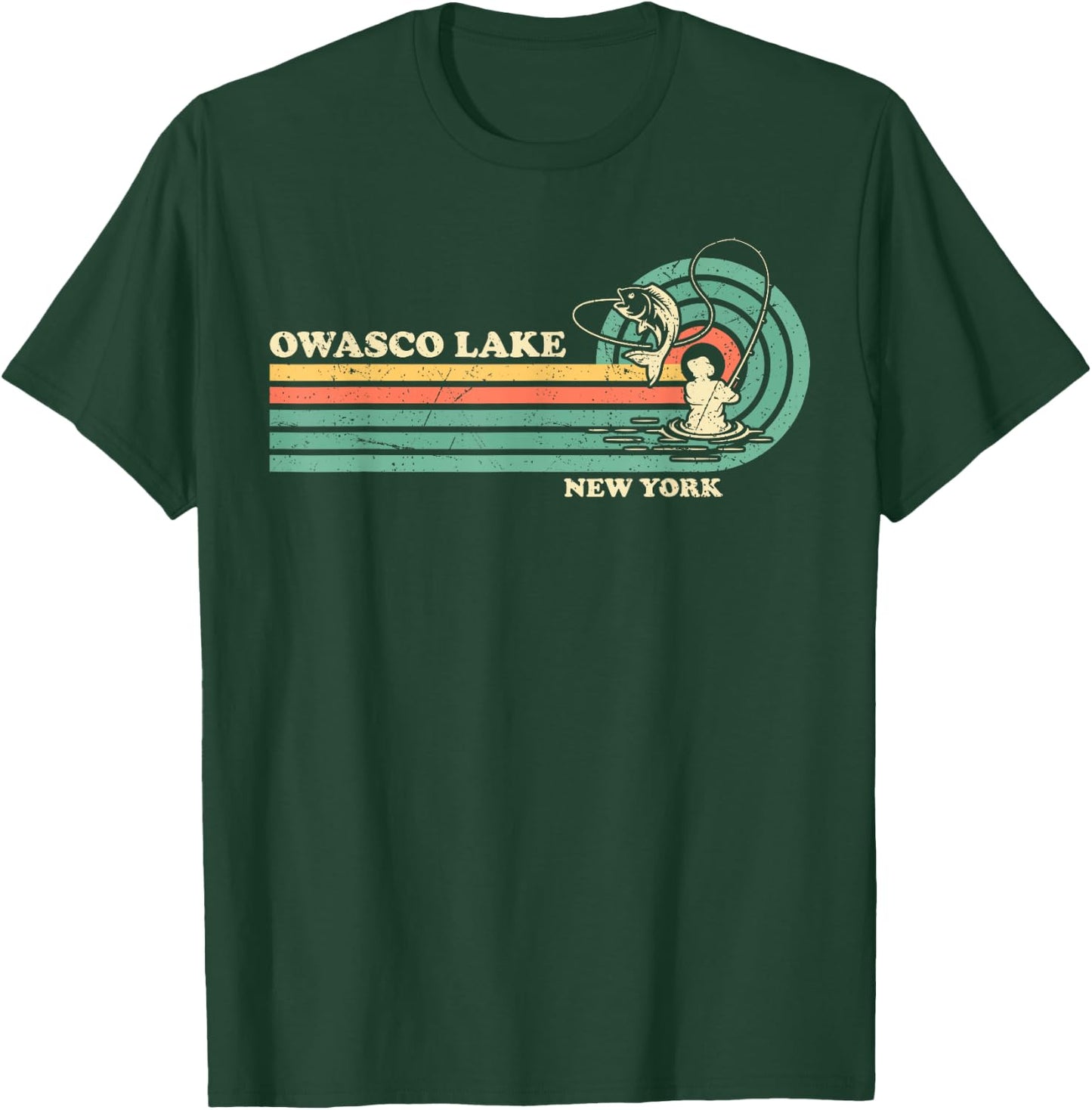 Vintage Retro Summer Fishing New York Owasco Lake T-Shirt - T-Shirt | Forest