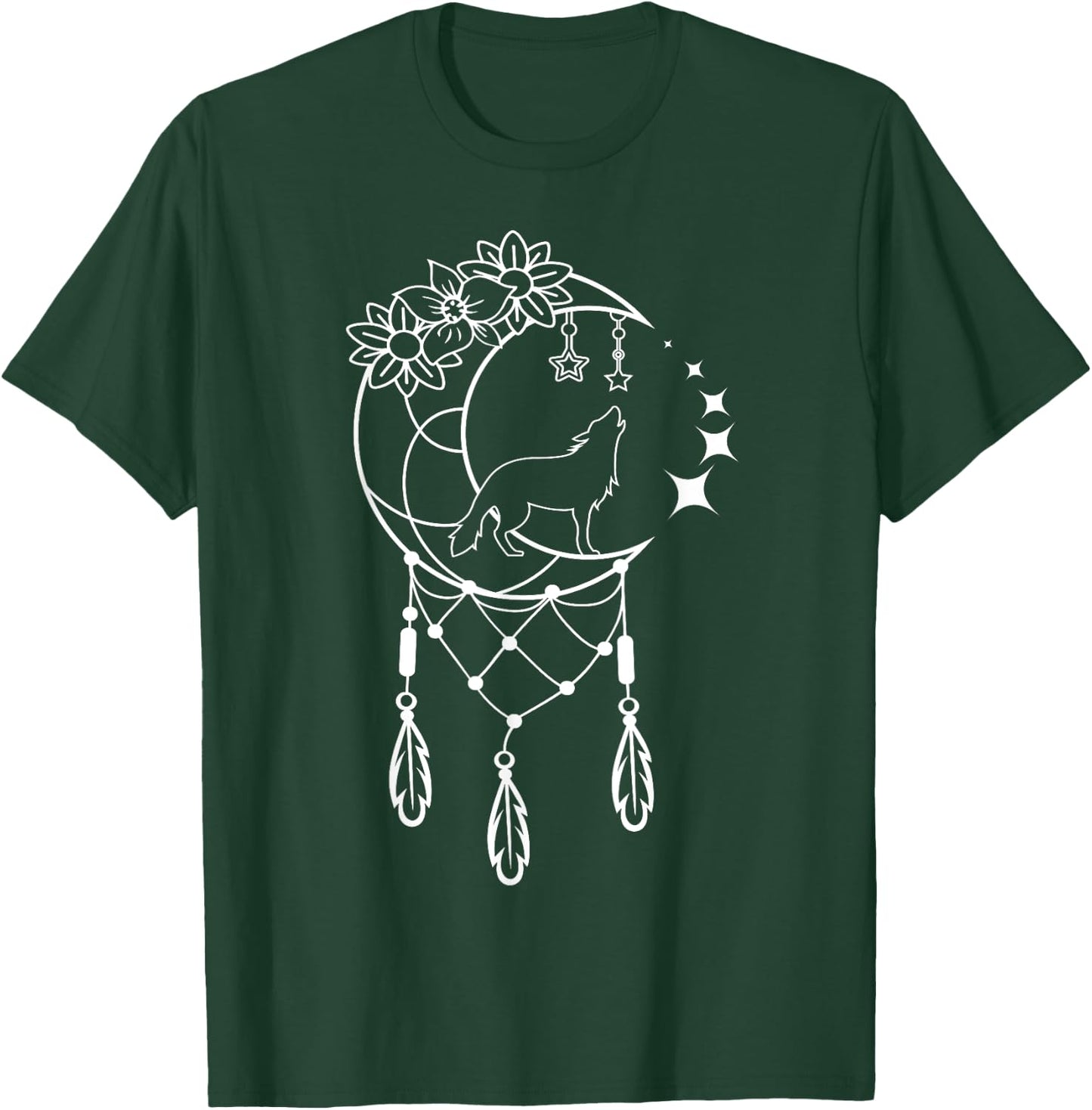 Boho Dream Catcher Wolf with Crescent Moon and Stars T-Shirt - T-Shirt | Forest