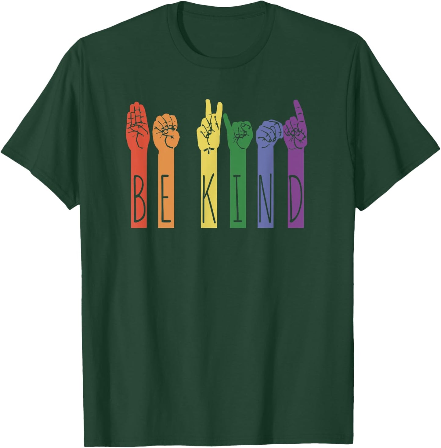 Retro Be Kind ASL Deaf Teacher Sign Language Gay Pride Gift T-Shirt - T-Shirt | Forest