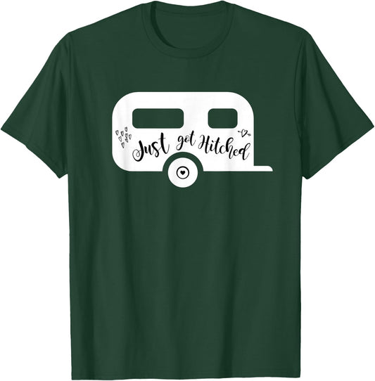 Just Got Hitched Bride Groom Camping Couple Wedding Bridal T-Shirt - T-Shirt | Forest