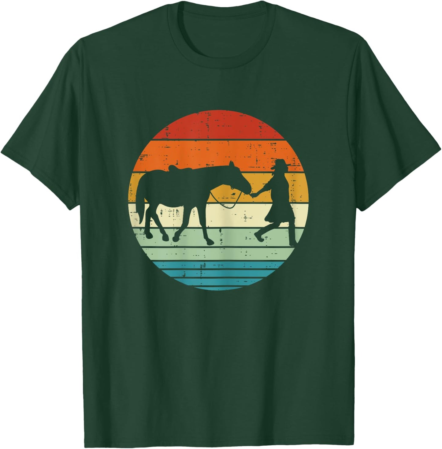 Horse And Girl Silhouette Sunset Retro Cowgirl Equestrian T-Shirt - T-Shirt | Forest