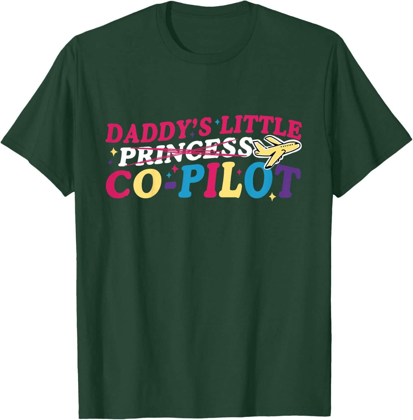 Daddy's Little Co-Pilot Girls Retro Groovy Airplane T-Shirt - T-Shirt | Forest