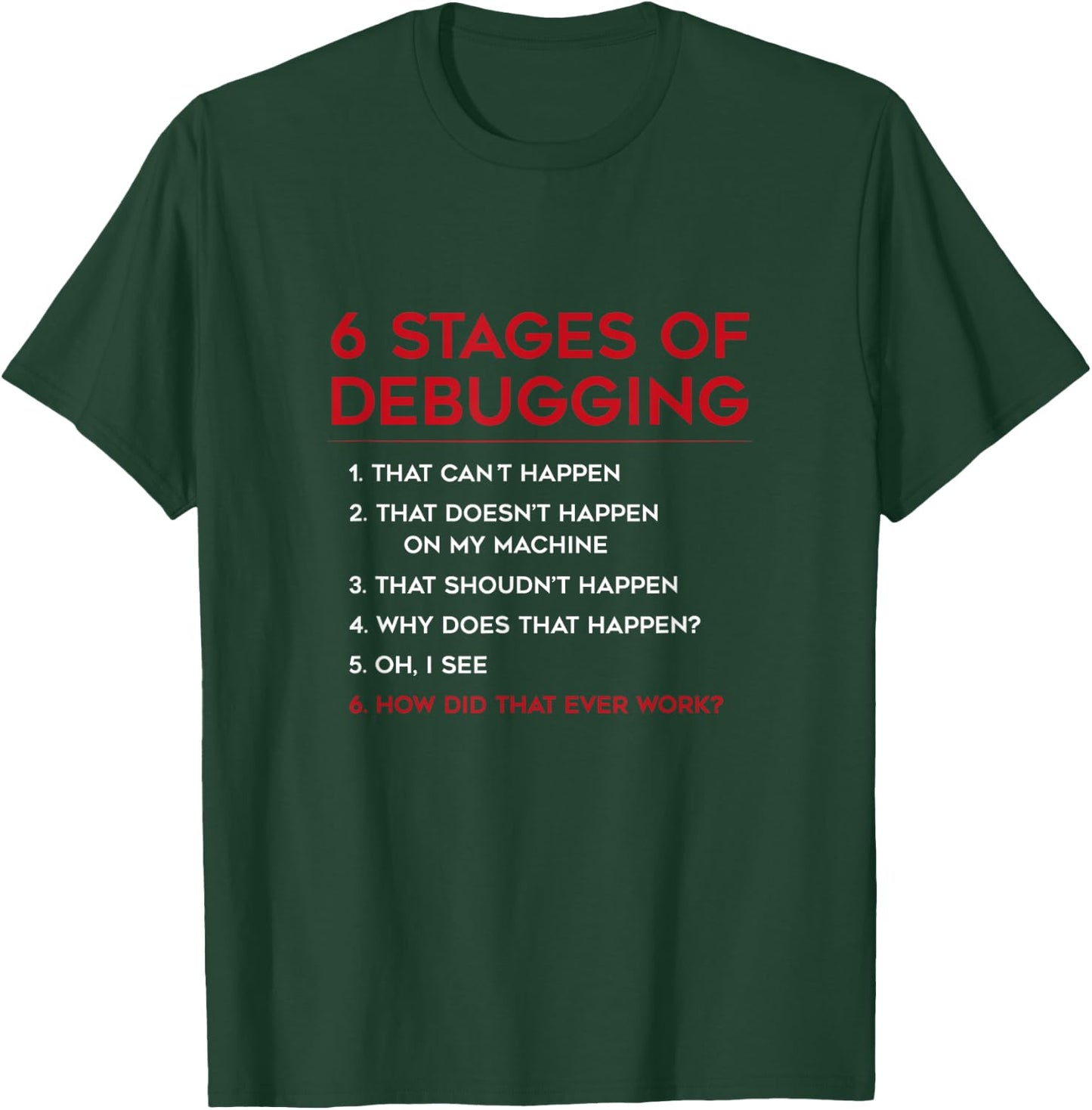 Coding 6 Stages of Debugging Bug Computer Programmer T-Shirt - T-Shirt | Forest