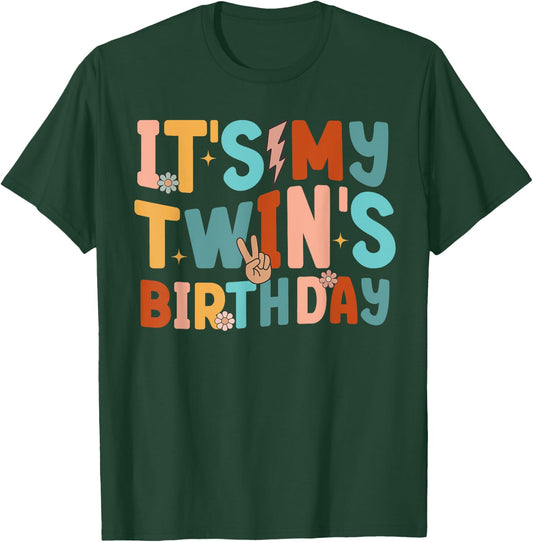 It's My Twin's Birthday Matching Girl's Women's Groovy Retro T-Shirt - T-Shirt | Forest