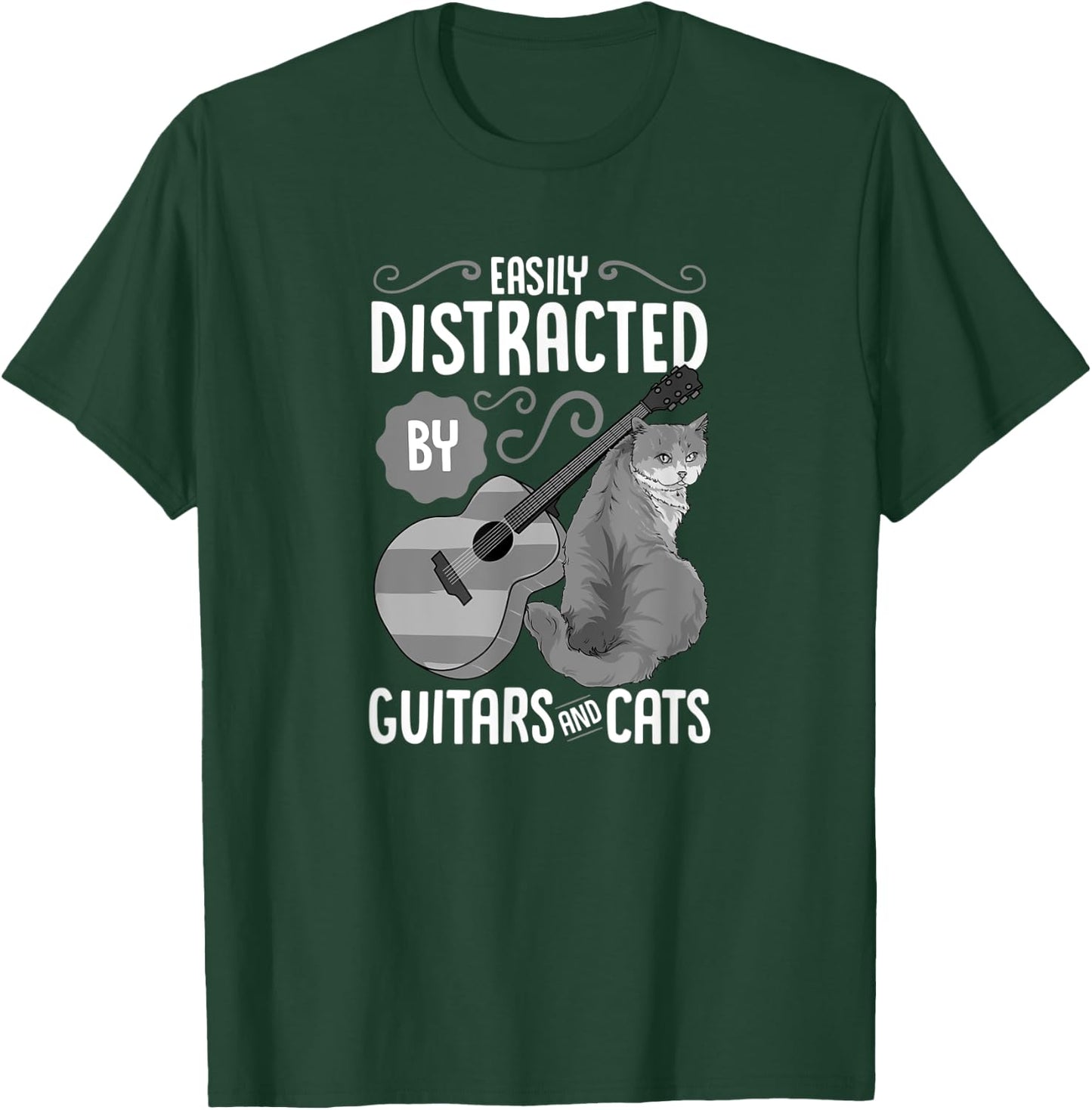 Easily Distracted by Guitars and Cats - Cat & Guitar Lover T-Shirt - T-Shirt | Forest
