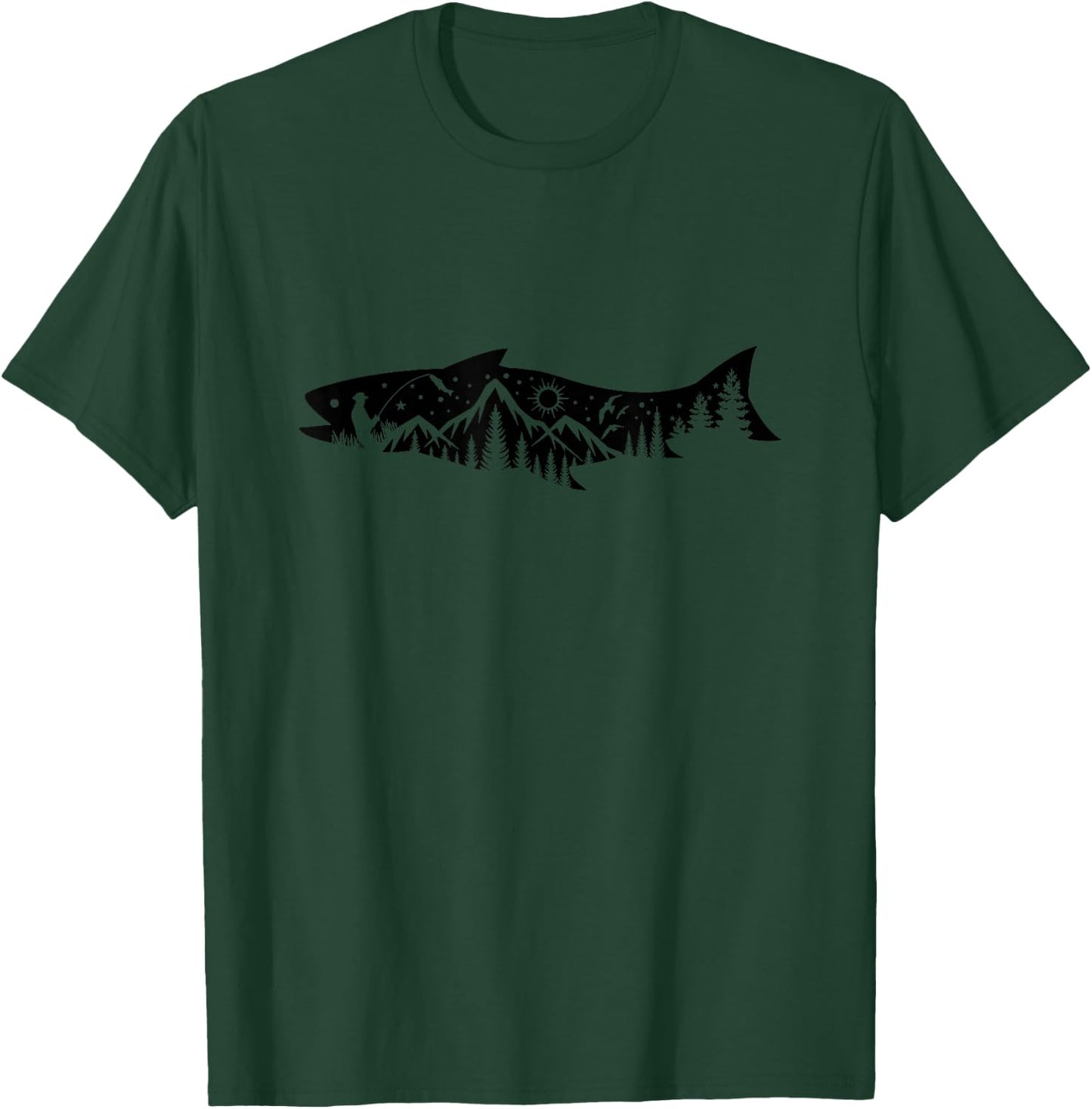 Fishing Forest Mountain Silhouette Outdoor Adventure Fishing T-Shirt - T-Shirt | Forest