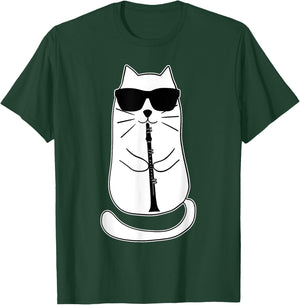 Funny Clarinet Cat With Sunglasses Musician Retro Vintage Men Women T-Shirt - T-Shirt | Forest