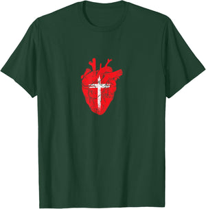 Red Heart Cross Design for Christian Believers T-Shirt - T-Shirt | Forest