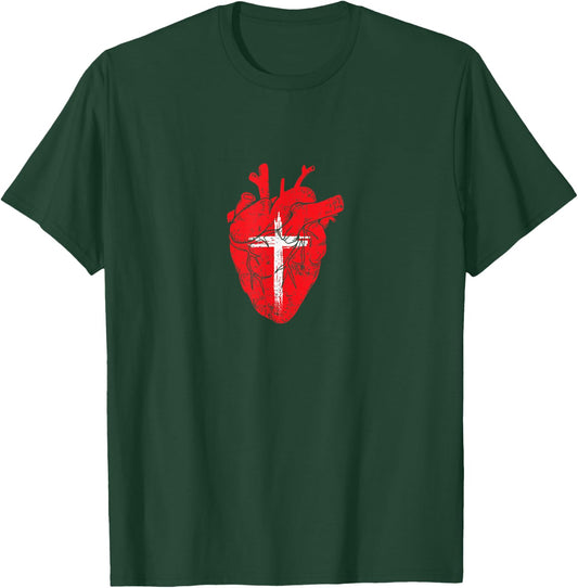 Red Heart Cross Design for Christian Believers T-Shirt - T-Shirt | Forest