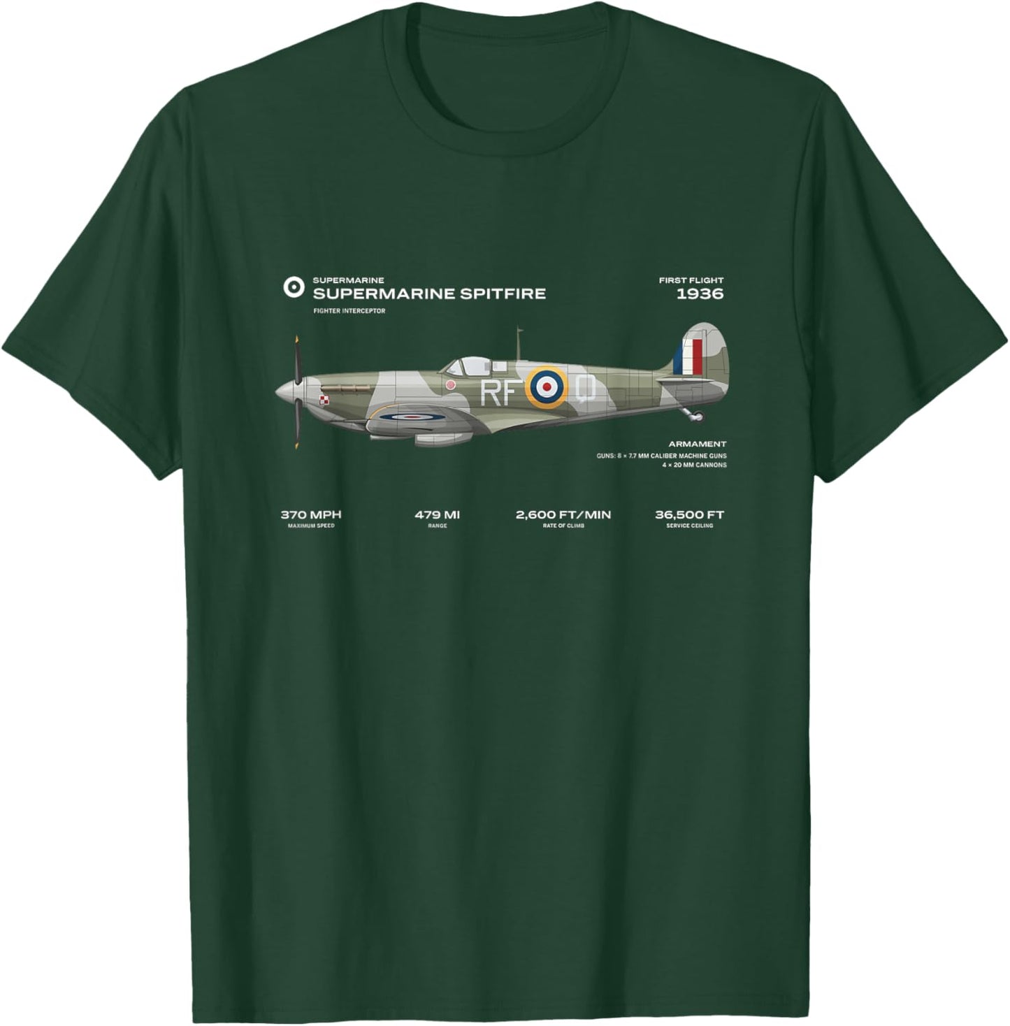 Supermarine Spitfire WWII Aeroplane British RAF T-Shirt - T-Shirt | Forest