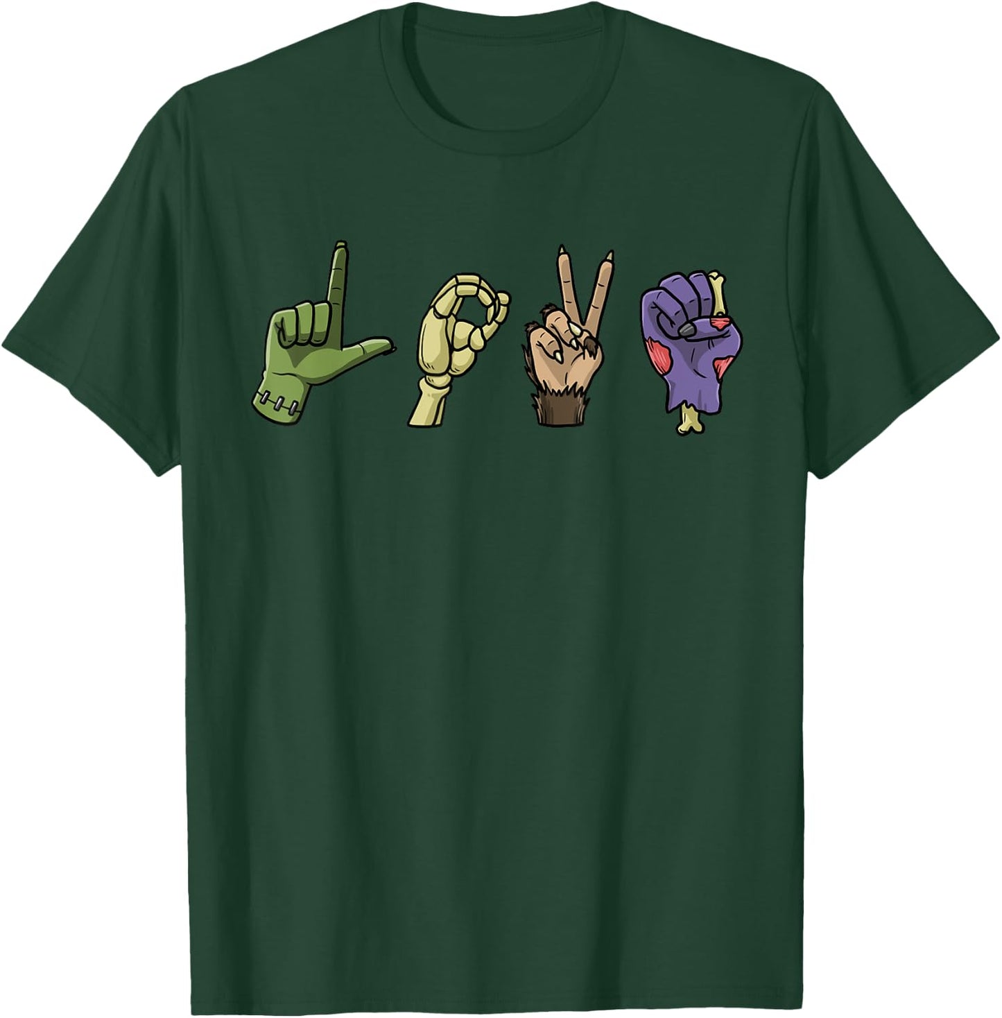 Halloween ASL LOVE Hand Sign Monsters Scary Creatures T-Shirt - T-Shirt | Forest