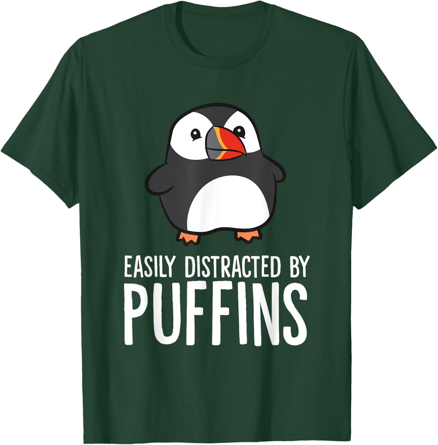 Funny Puffin Bird Gifts Easily Distracted By Puffin Sea Birds Cute Puffin Lover Gift -Adults-Kids Black Short Sleeve Classic Fit Pull On Collarless Casual All Seasons 1 Count T-Shirt - T-Shirt | Forest