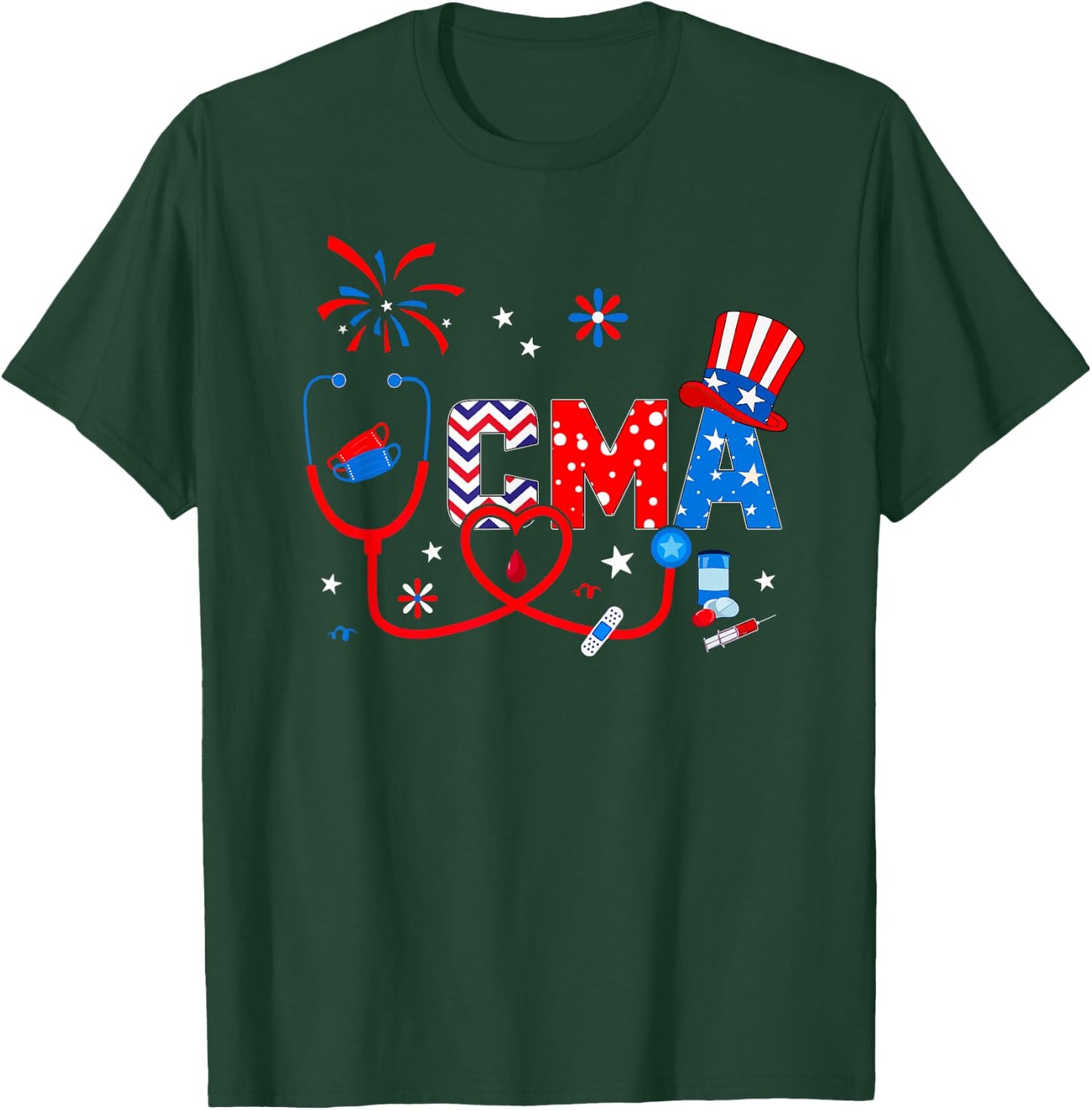 4th Of July Shirt Stethoscope Patriotic CMA T-Shirt - T-Shirt | Forest