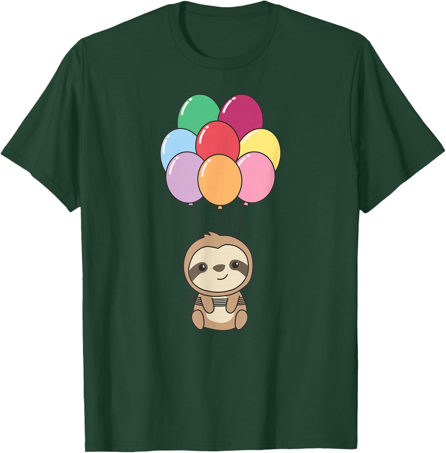 Sloth Flies Up with Colorful Balloons Kawaii Sloths T-Shirt - T-Shirt | Forest