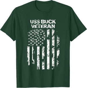 USS Buck Military Veteran Distressed USA Flag T-Shirt - T-Shirt | Forest