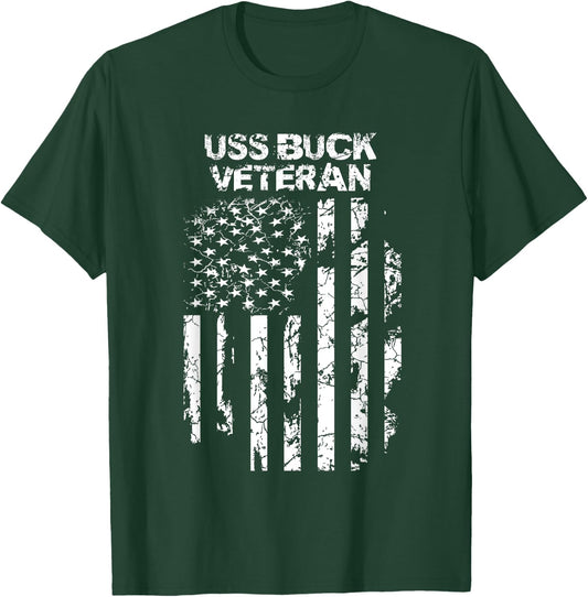 USS Buck Military Veteran Distressed USA Flag T-Shirt - T-Shirt | Forest