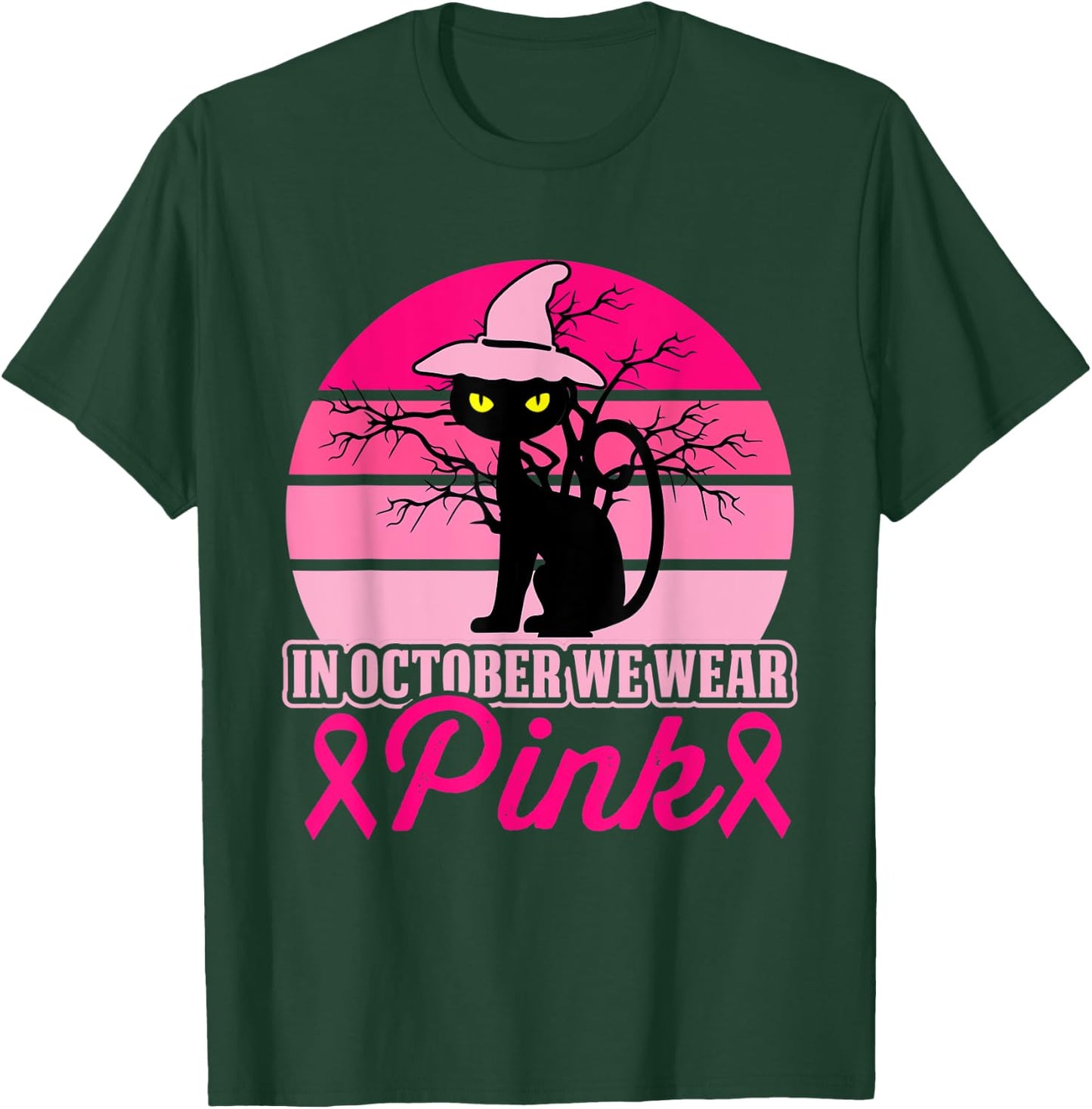 In October We Wear Pink Cat Breast Cancer Halloween T-Shirt - T-Shirt | Forest