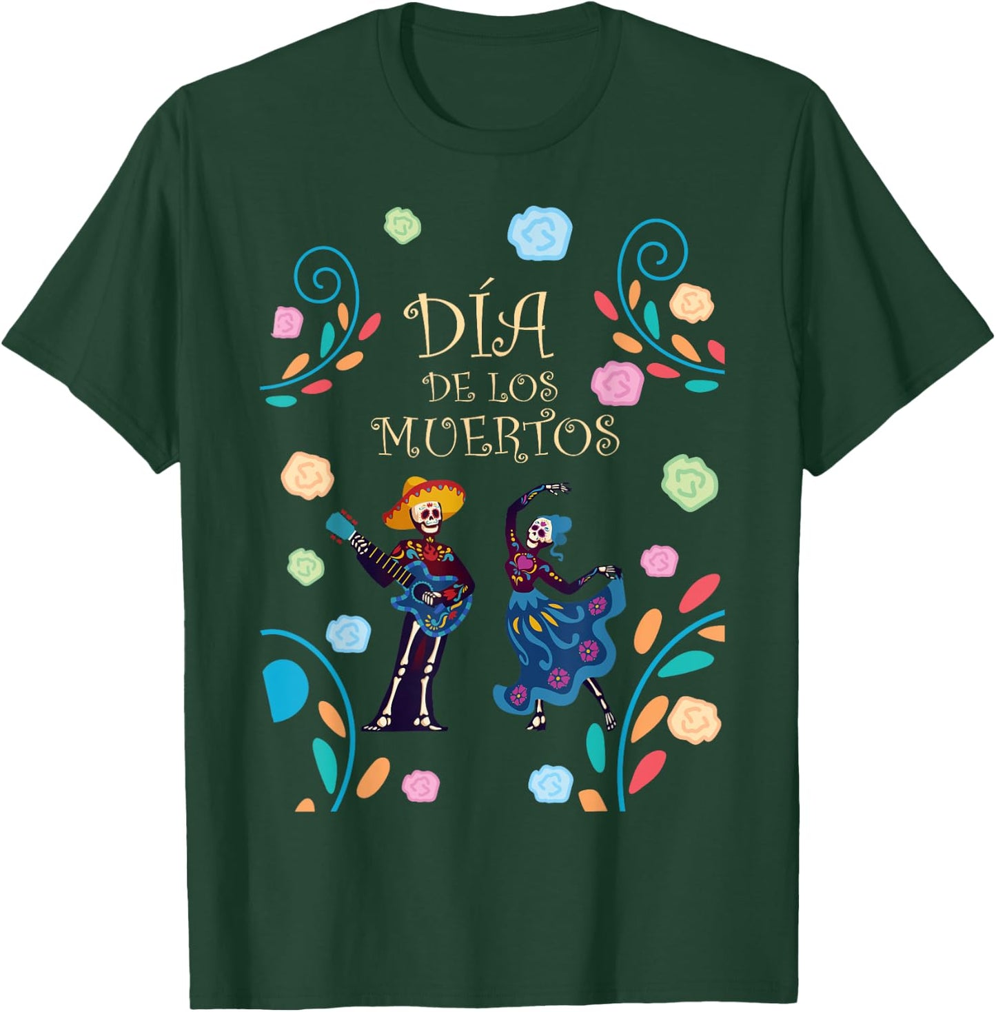 Dancing Skeleton Guitar Dia De Los Muertos Calavera Day Dead T-Shirt - T-Shirt | Forest