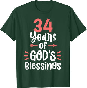 34 Years of God's Blessings 34 Year Old Happy 34th Birthday T-Shirt - T-Shirt | Forest