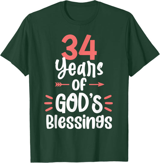 34 Years of God's Blessings 34 Year Old Happy 34th Birthday T-Shirt - T-Shirt | Forest