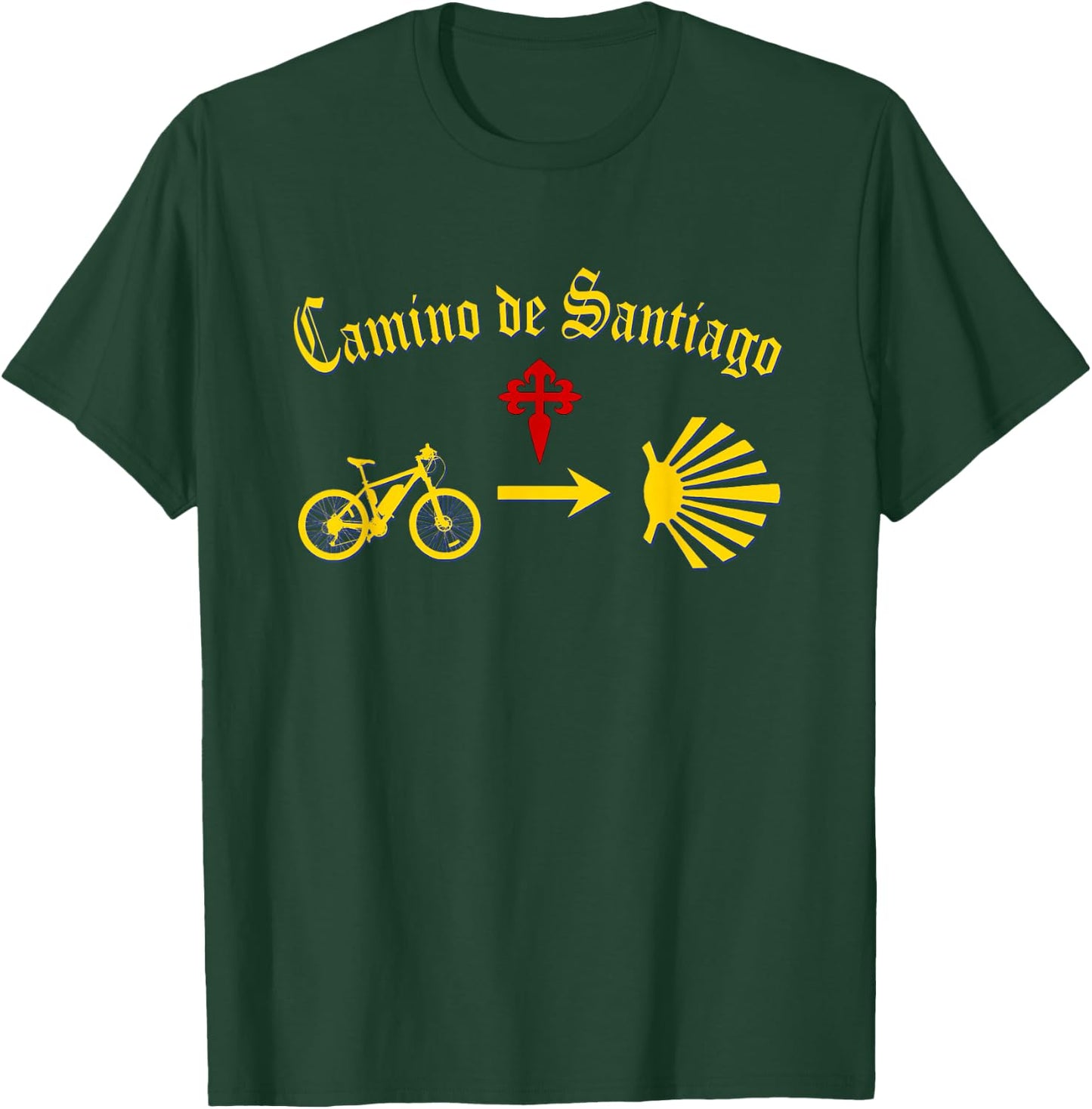 Camino de Santiago Mountain Bike Yellow Arrow Scallop Cross T-Shirt - T-Shirt | Forest