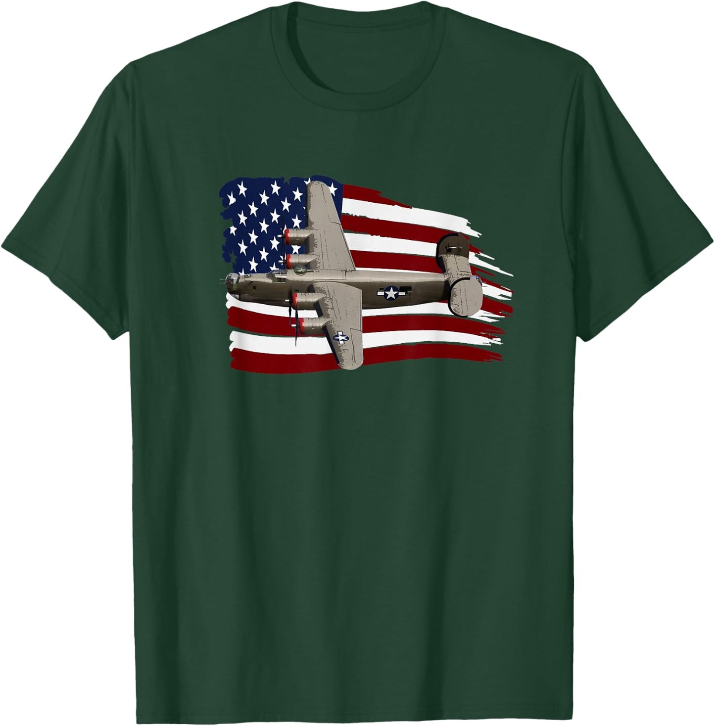 B-24 Liberator WW2 Bomber Plane Pilot US Flag T shirt T-Shirt - T-Shirt | Forest
