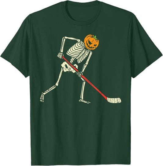 Pumpkin Skeleton Ice Hockey Funny Halloween Sports Player T-Shirt - T-Shirt | Forest