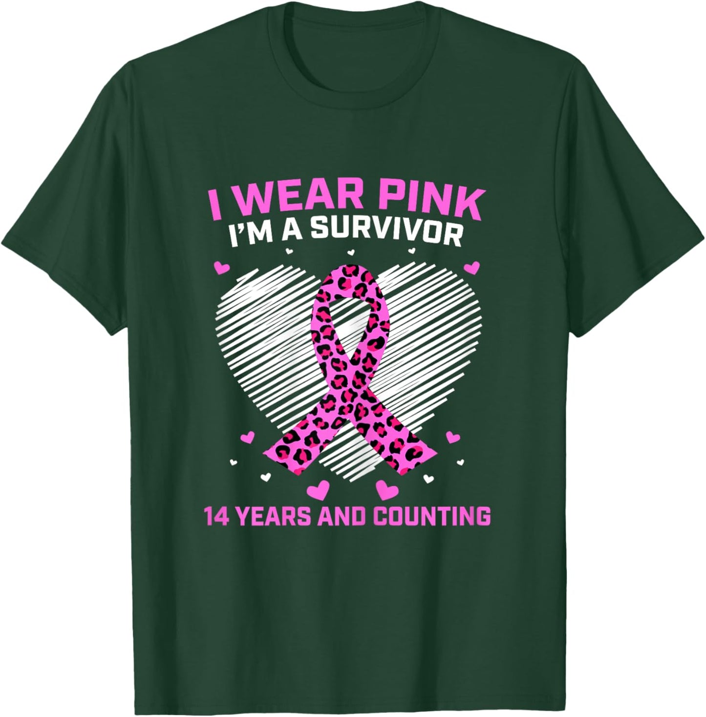 14 Years Breast Cancer Survivor Pink Cheetah Print Awareness T-Shirt - T-Shirt | Forest