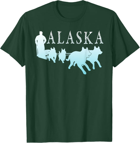 Alaska Sled Dogs Mushing Team Snow Sledding Mountain Scene T-Shirt - T-Shirt | Forest