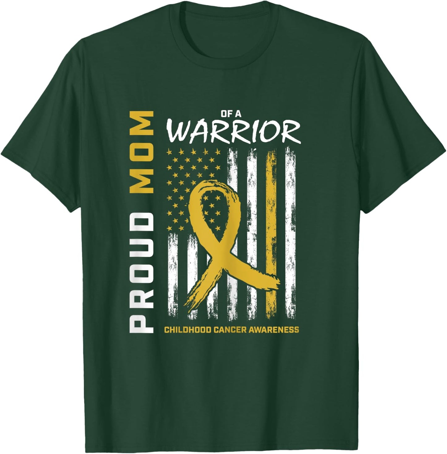 Gold Proud Mom of a Warrior Childhood Cancer Awareness Flag T-Shirt - T-Shirt | Forest