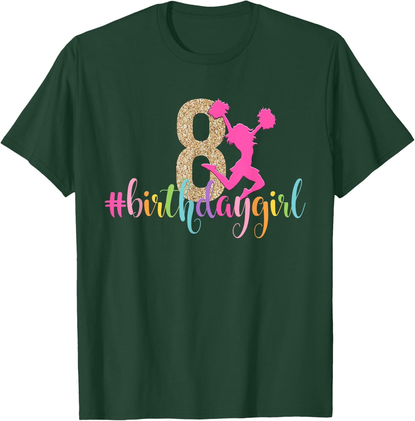 8th Birthday Girl Cheerleader Rainbow Cheerleading T-Shirt - T-Shirt | Forest