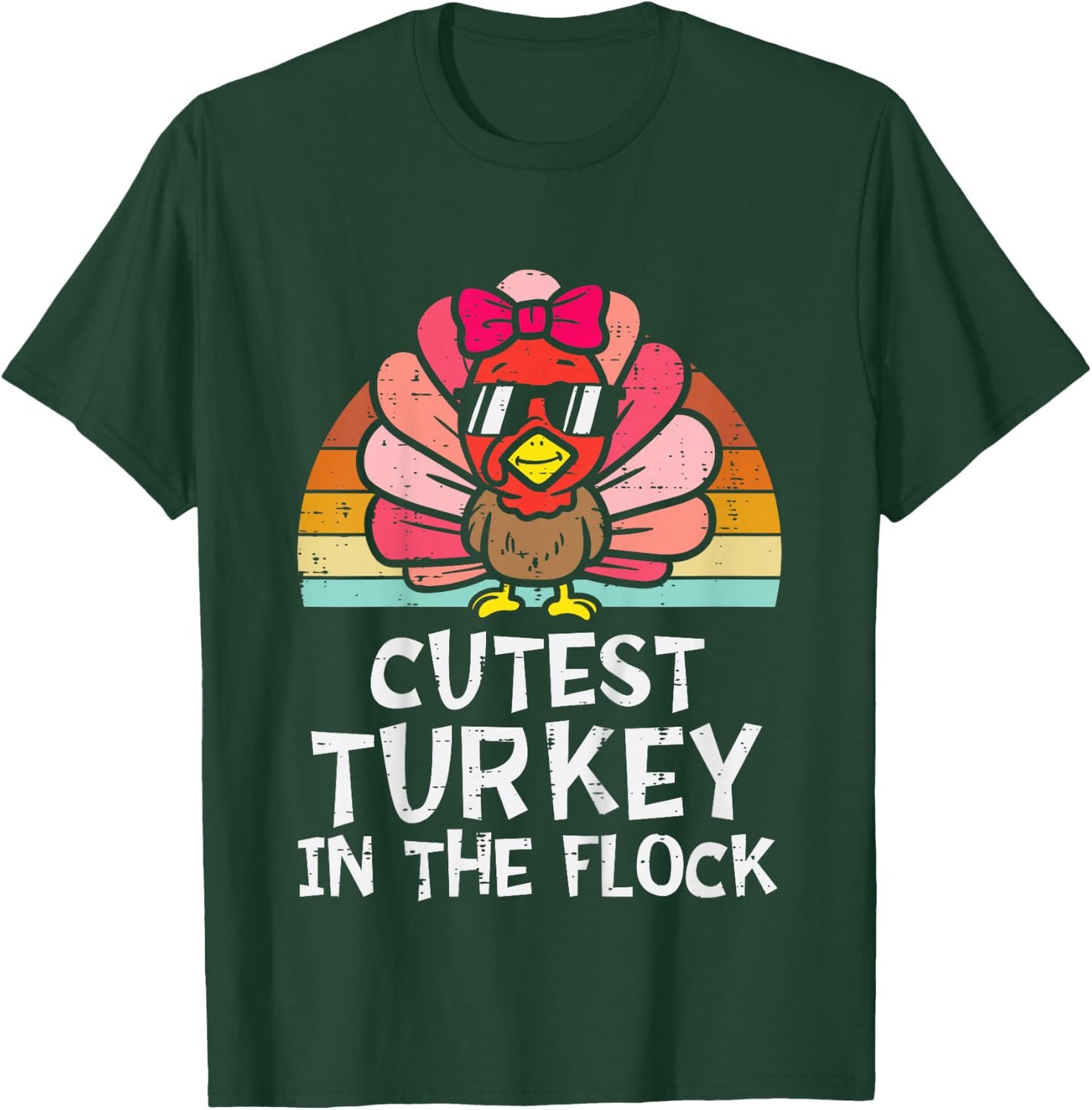 Cutest Turkey In The Flock Retro Toddler Girls Thanksgiving T-Shirt - T-Shirt | Forest
