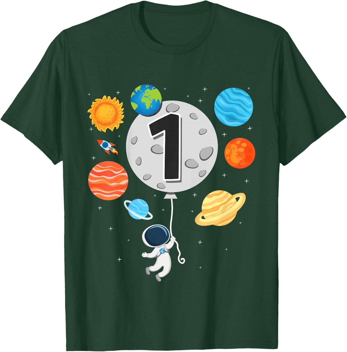 Kids 1st Birthday Astronaut Balloon Planet 1 Year Old Boy T-Shirt - T-Shirt | Forest