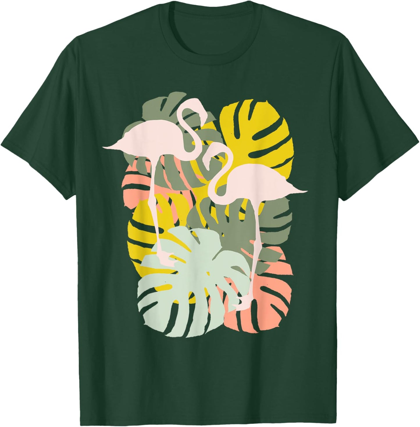 Monstera Leaves And Flamingo Art T-Shirt - T-Shirt | Forest