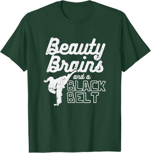 Beauty Brains Black Belt Girl Ponytail Kick Taekwondo Gift T-Shirt - T-Shirt | Forest