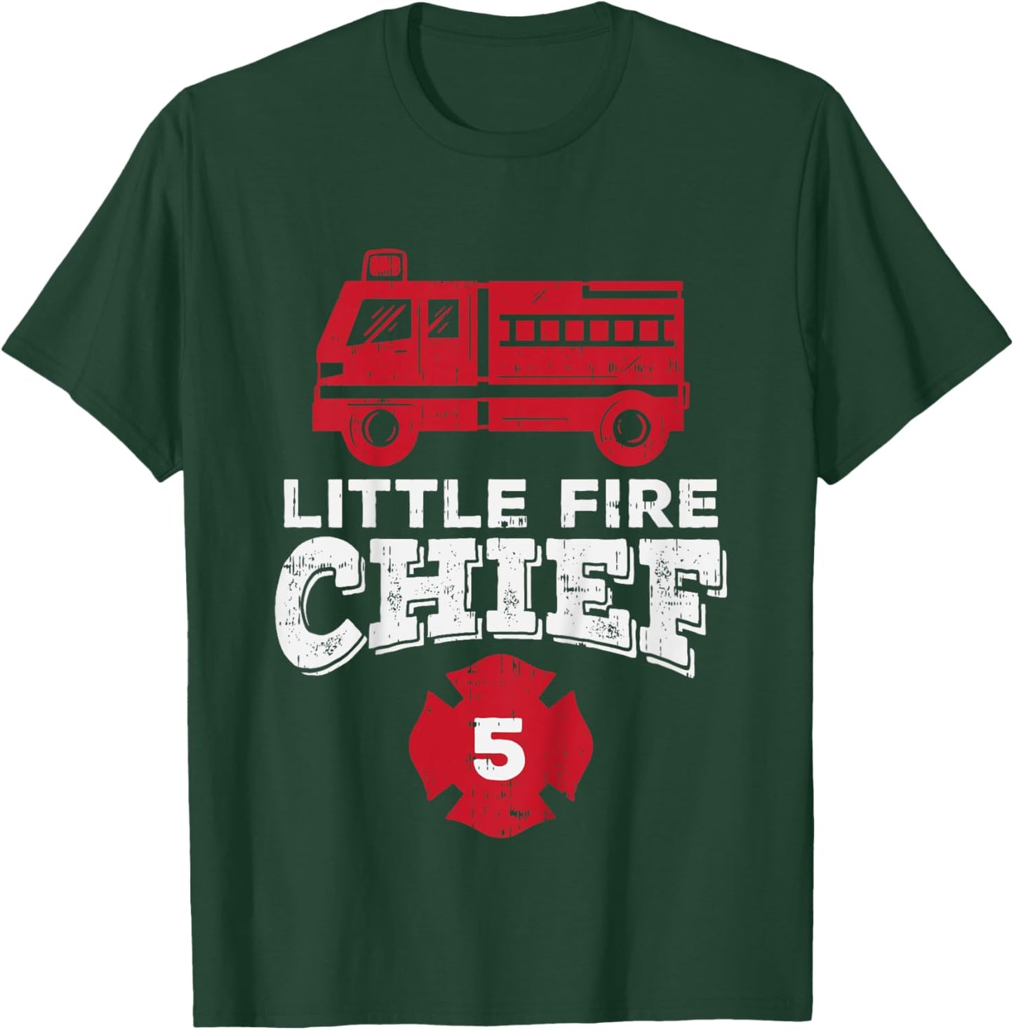 Kids Little Fire Chief 5 Truck 5th Birthday Firefighter Boys Gift T-Shirt - T-Shirt | Forest