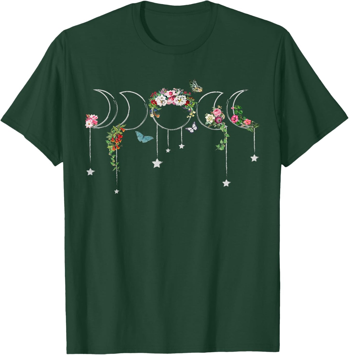 Witchcore Aesthetic Floral Moonphase and Butterflies T-Shirt - T-Shirt | Forest