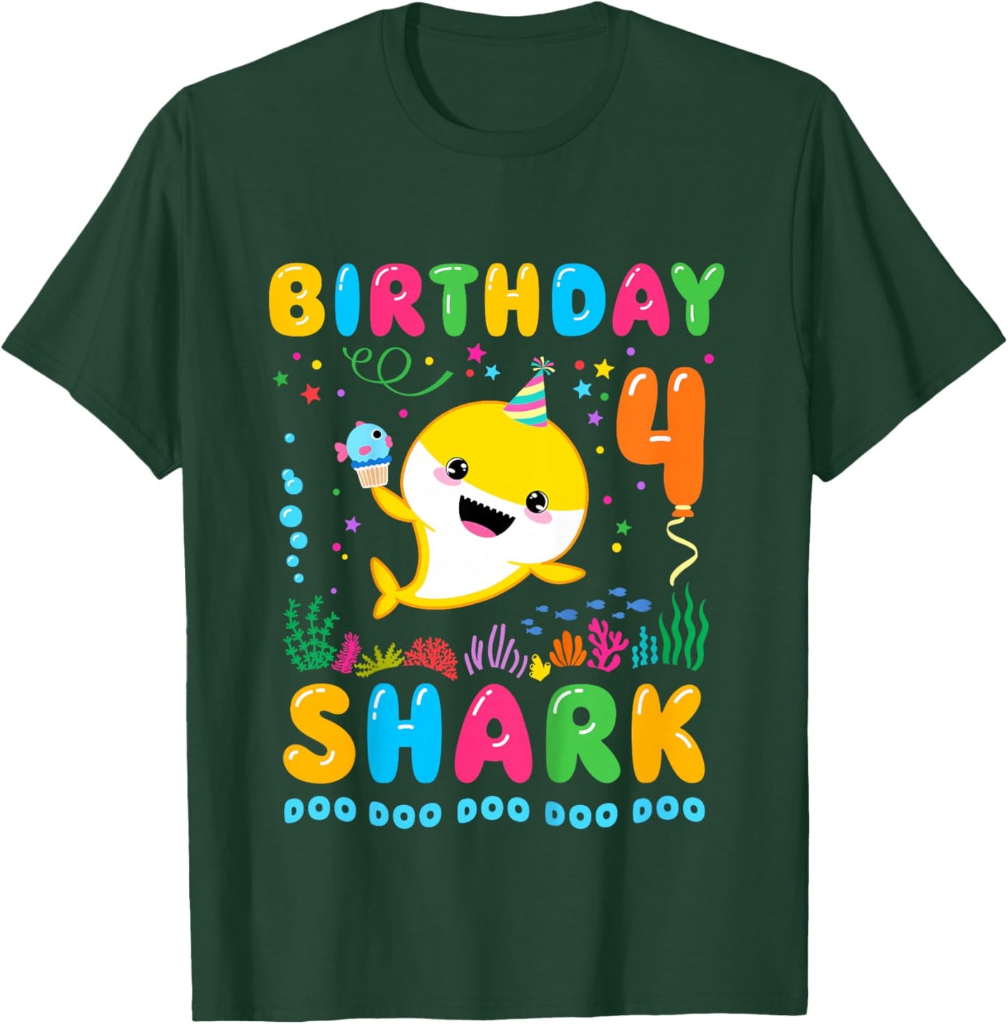 Kids Birthday Shark 4 Year Old Boy or Girl 4th Bday Kawaii T-Shirt - T-Shirt | Forest