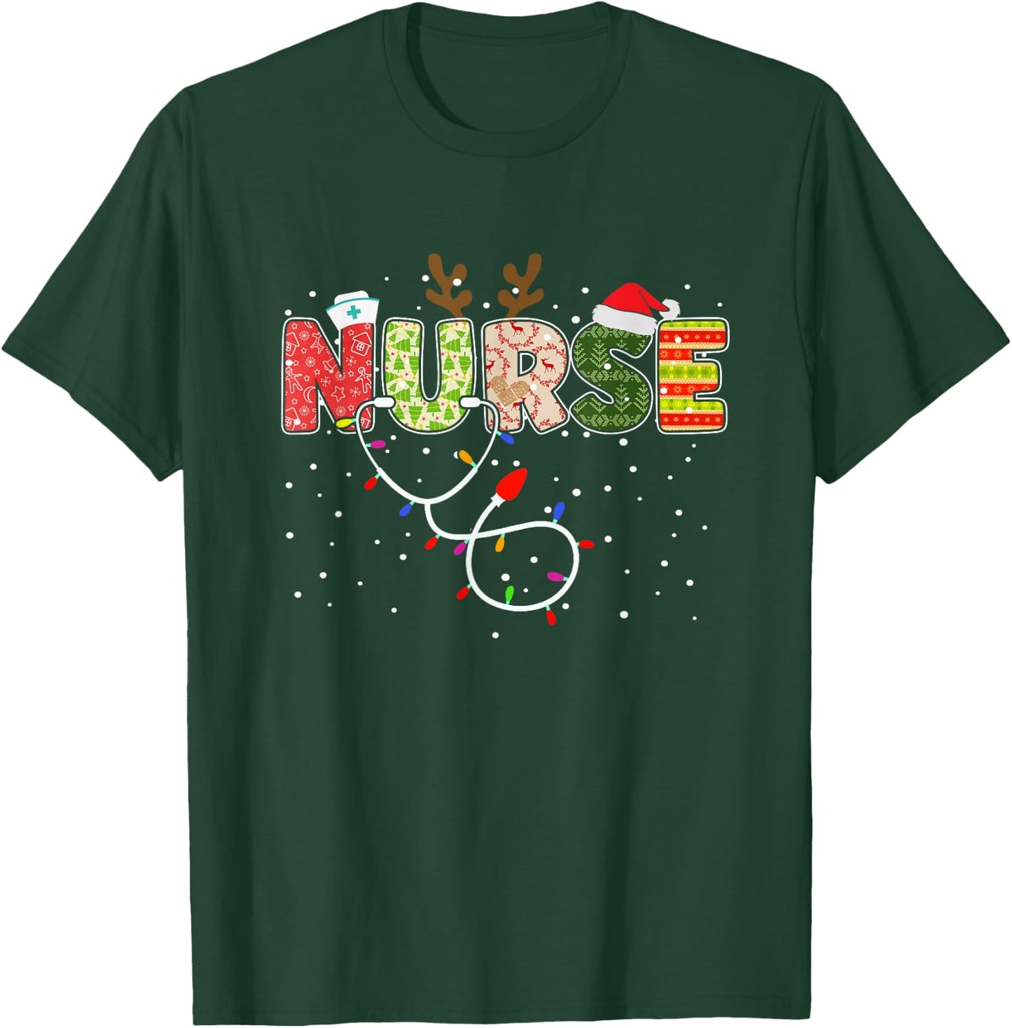 Stethoscope Santa Hat Reindeer Xmas Christmas Nurse T-Shirt - T-Shirt | Forest