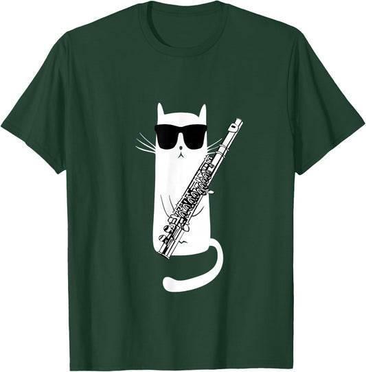 Funny Cat Wearing Sunglasses Playing Flute Small T-Shirt - T-Shirt | Forest