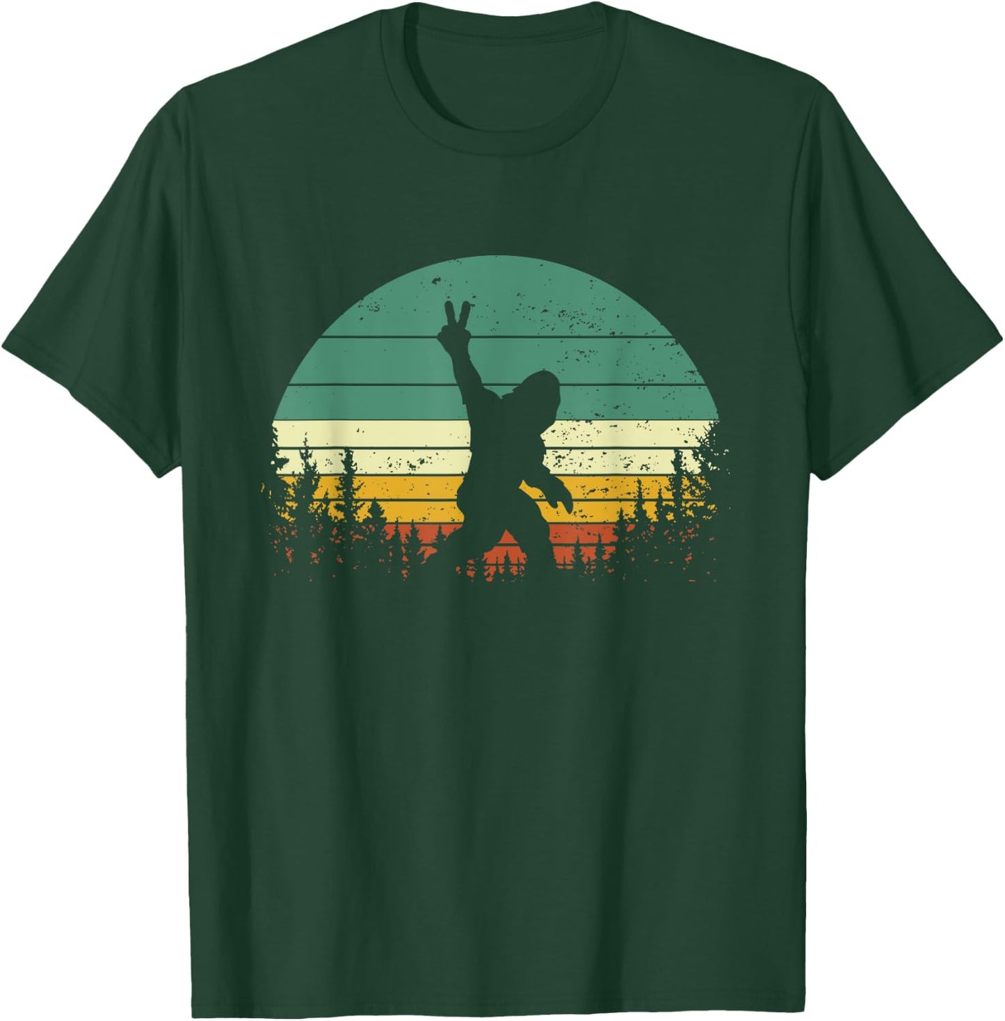 Sasquatch Peace Sign Funny Bigfoot Retro Yeti Sunset T-Shirt - T-Shirt | Forest