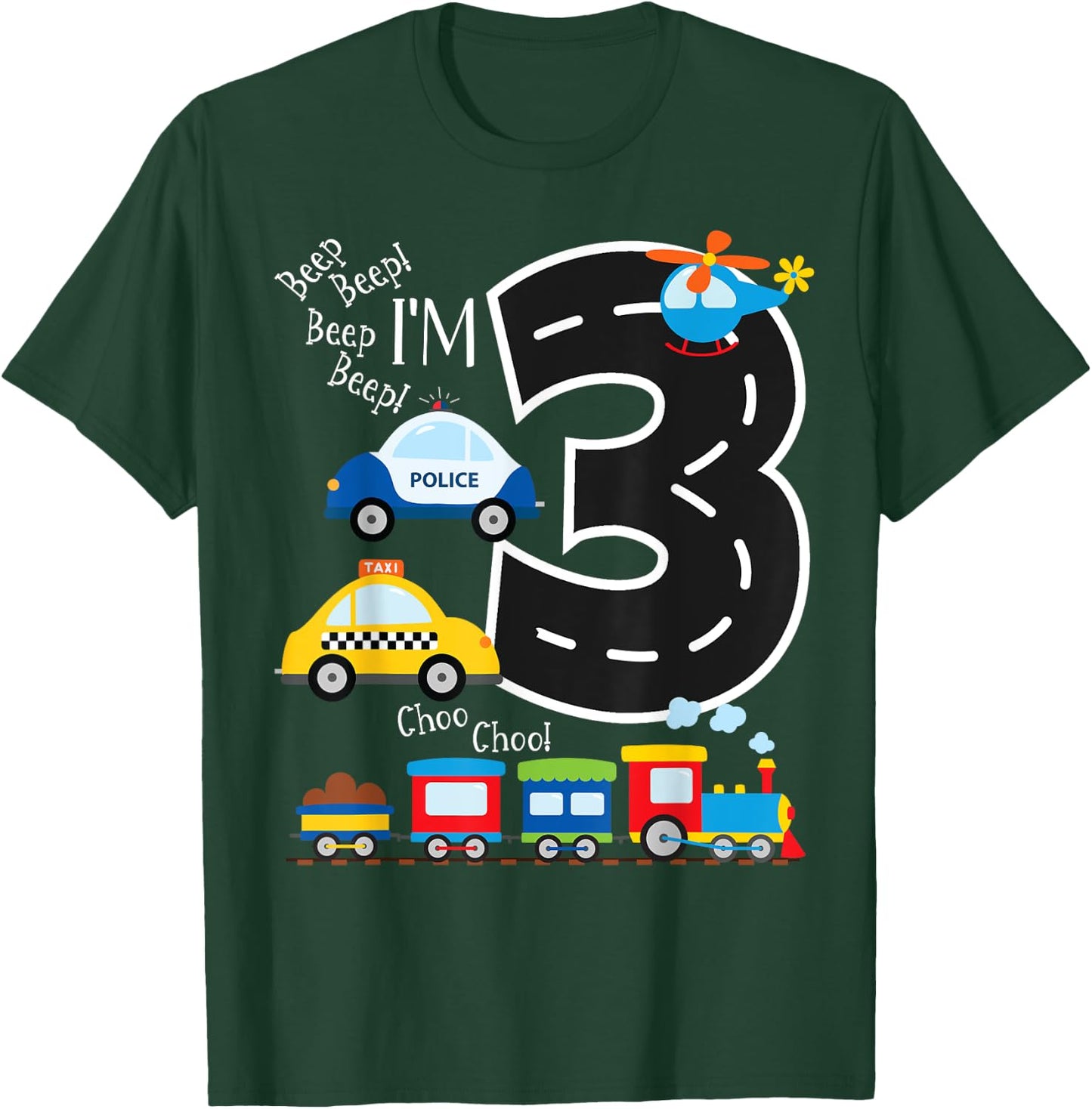 Kids Trucks Train 3rd Birthday Party Toddler 3 Year Old Bday T-Shirt - T-Shirt | Forest
