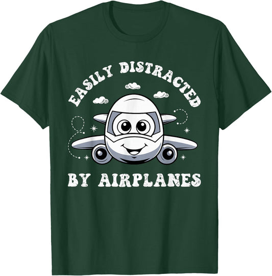 Funny Easily Distracted By Airplanes Pilot Aviation Lover T-Shirt - T-Shirt | Forest