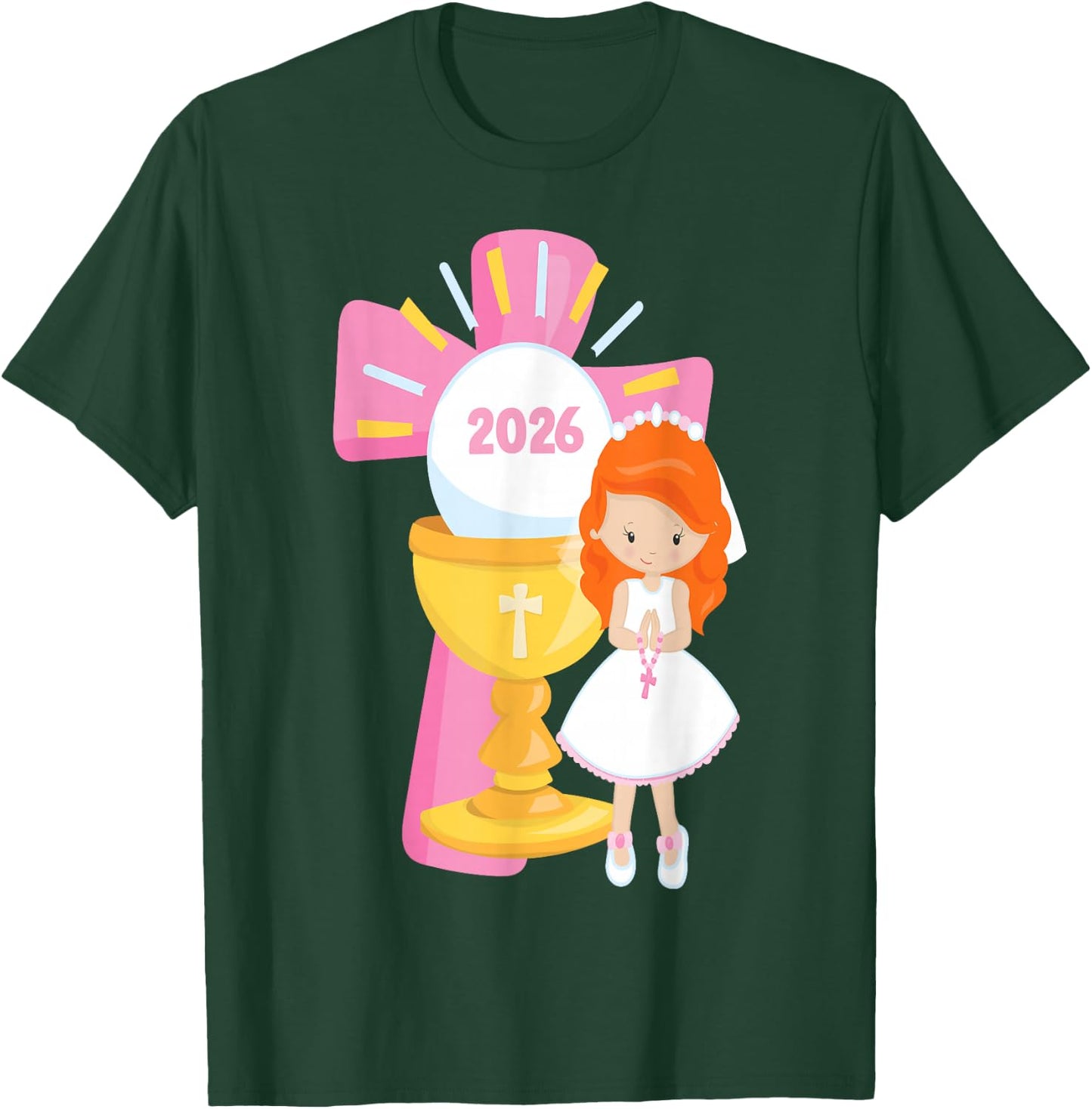 Redhead Girl First Communion 2026 Pink Cross Chalice Rosary T-Shirt - T-Shirt | Forest