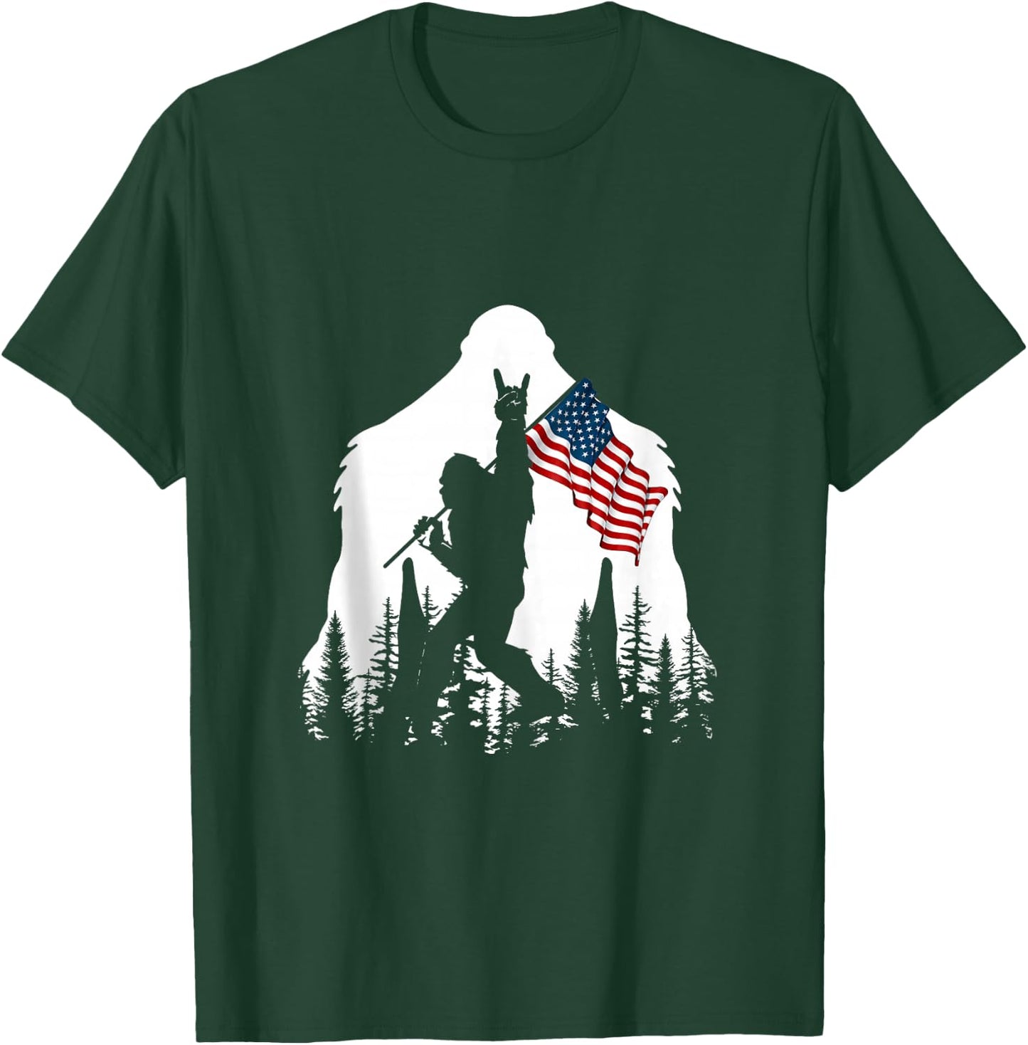 Bigfoot Rock On Hold American Flag Sasquatch Believers T-Shirt - T-Shirt | Forest