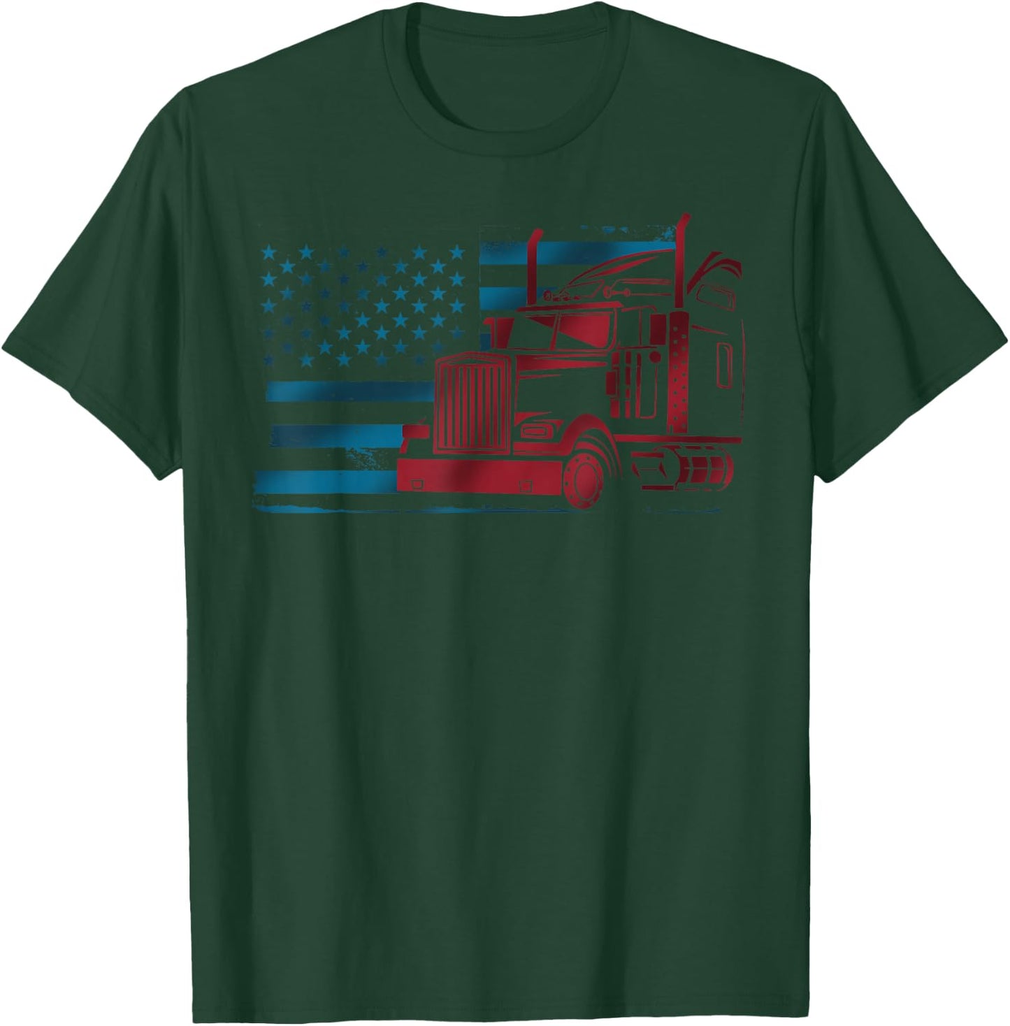American Flag Semi Truck Driver 18 Wheeler Patriotic Trucker T-Shirt - T-Shirt | Forest