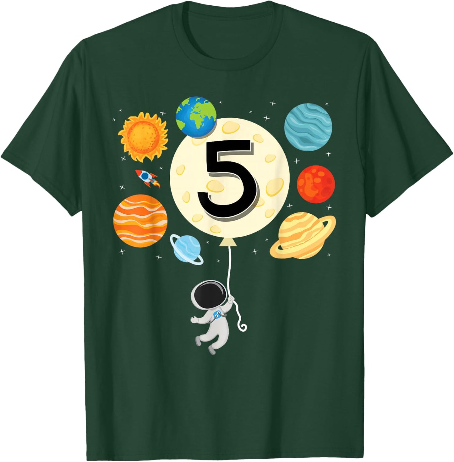 Astronaut Balloon Planets 5th Birthday Space 5 Year Old Kids T-Shirt - T-Shirt | Forest