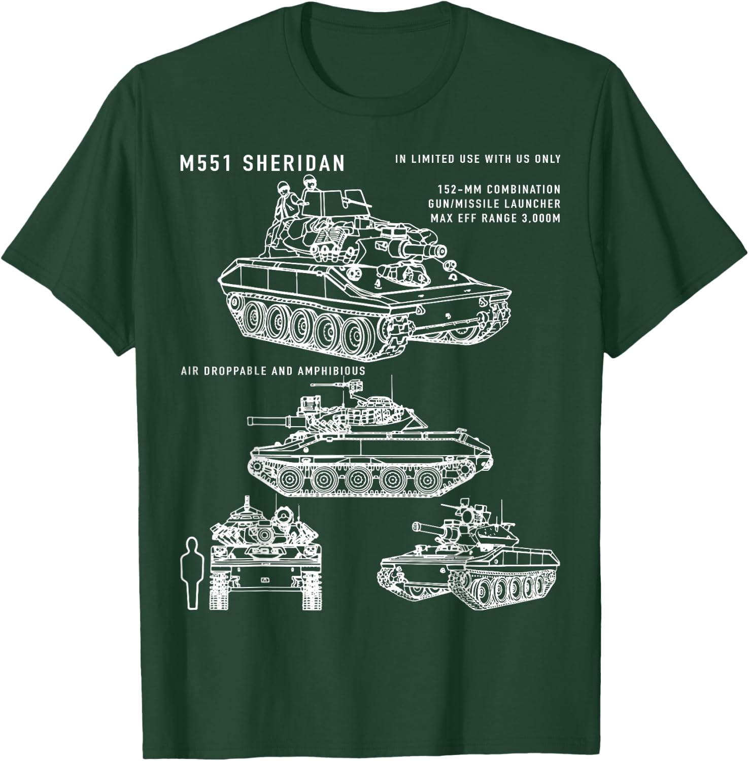 M551 Sheridan Airborne Tank Blueprint Identification T-Shirt - T-Shirt | Forest